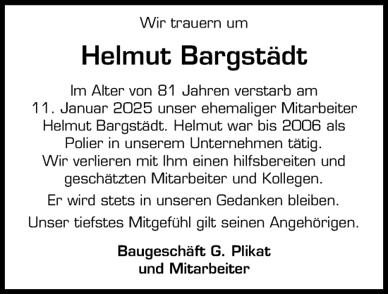 Traueranzeige von Helmut Bargstädt von Schleswig-Holsteinische Landeszeitung