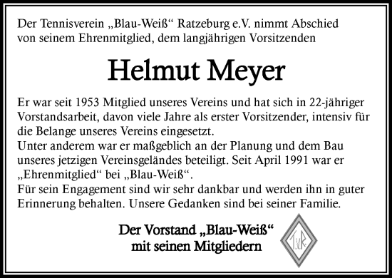 Traueranzeige von Helmut Meyer von MARKT Ratzeburg/Mölln