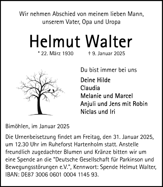 Traueranzeige von Helmut Walter von Umschau