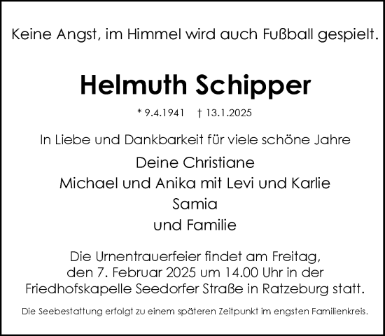 Traueranzeige von Helmuth Schipper von MARKT Ratzeburg/Mölln
