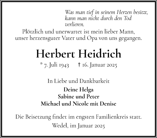 Traueranzeige von Herbert Heidrich von Wedel-Schulauer Tageblatt, tip Wedel-Schulauer Tageblatt, tip Rissener Rundschau