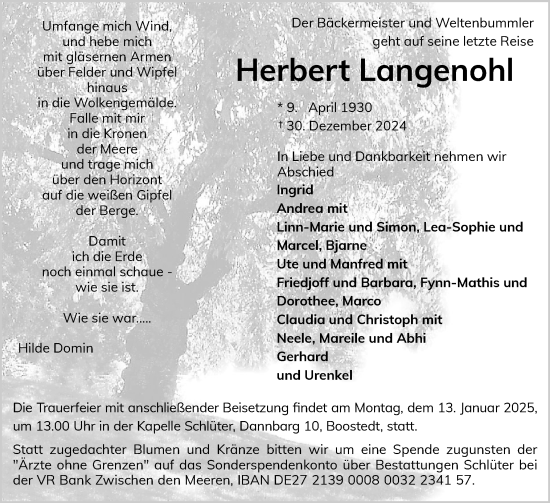 Traueranzeige von Herbert Langenohl von Holsteinischer Courier
