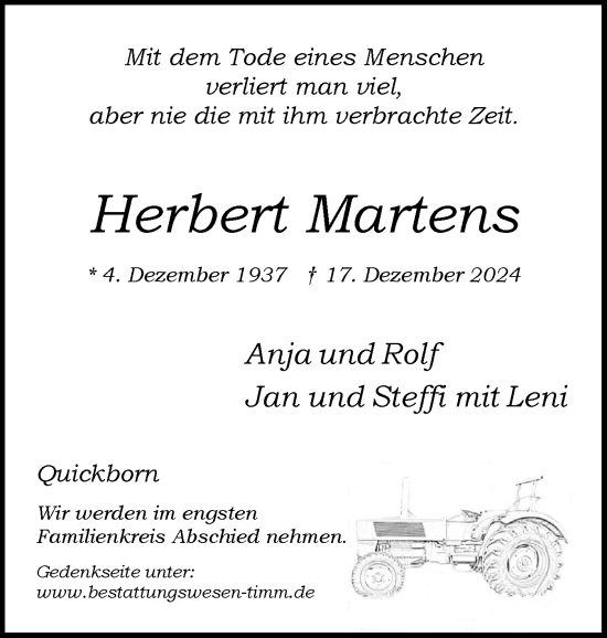 Traueranzeige von Herbert Martens von Region Pinneberg und tip Pinneberg