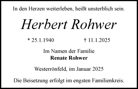 Traueranzeige von Herbert Rohwer von Schleswig-Holsteinische Landeszeitung