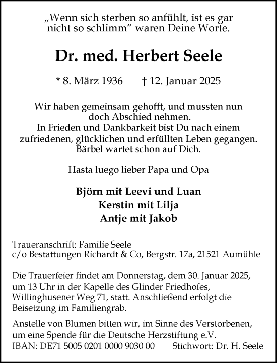 Traueranzeige von Herbert Seele von MARKT Glinde/Reinfeld