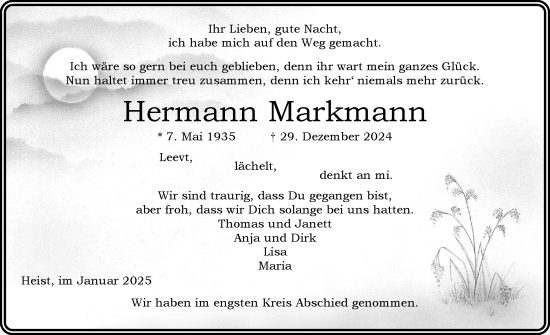 Traueranzeige von Hermann Markmann von Uetersener Nachrichten, Der tip am Wochenende
