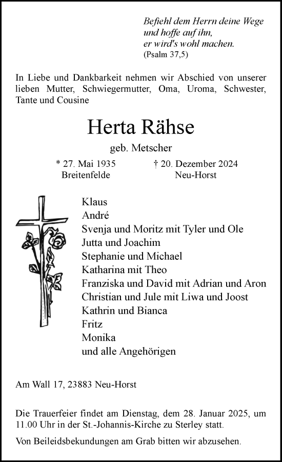 Traueranzeige von Herta Rähse von MARKT Ratzeburg/Mölln