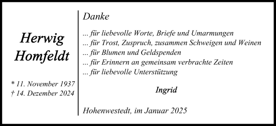Traueranzeige von Herwig Homfeldt von Schleswig-Holsteinische Landeszeitung