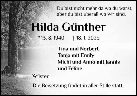 Traueranzeige von Hilda Günther von Norddeutsche Rundschau, Wilstersche Zeitung, Glückstädter Fortuna