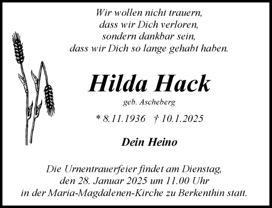 Traueranzeige von Hilda Hack von MARKT Ratzeburg/Mölln