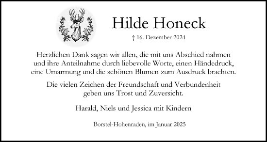 Traueranzeige von Hilde Honeck von Region Pinneberg und tip Pinneberg