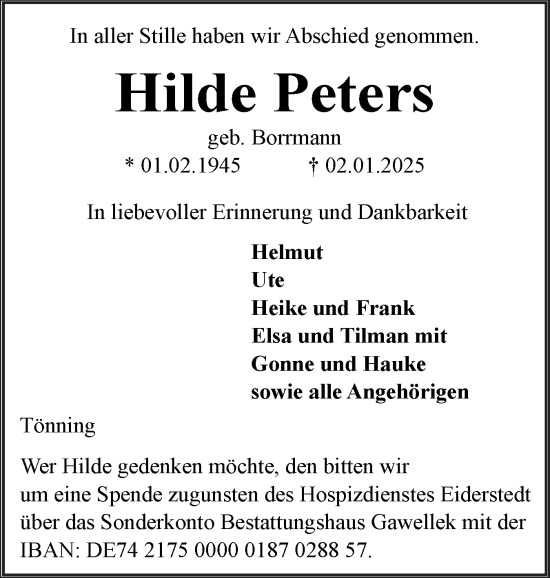 Traueranzeige von Hilde Peters von Husumer Nachrichten, Nordfriesland Tageblatt