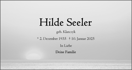 Traueranzeige von Hilde Seeler von Norddeutsche Rundschau, Wilstersche Zeitung, Glückstädter Fortuna