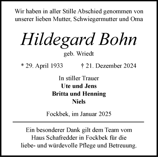 Traueranzeige von Hildegard Bohn von Schleswig-Holsteinische Landeszeitung