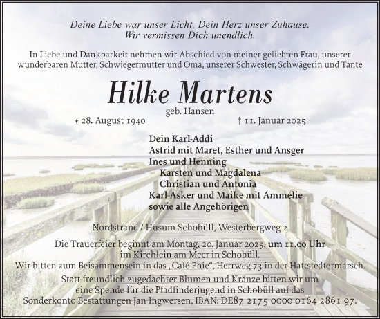 Traueranzeige von Hilke Martens von Husumer Nachrichten, Nordfriesland Tageblatt