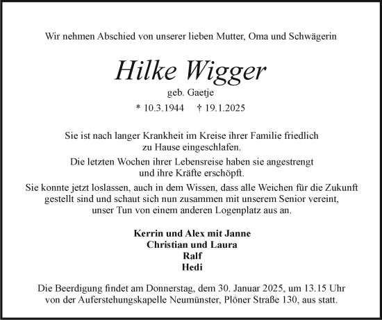 Traueranzeige von Hilke Wigger von Holsteinischer Courier
