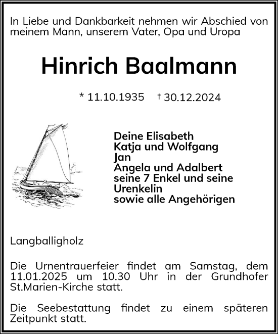Traueranzeige von Hinrich Baalmann von Flensburger Tageblatt