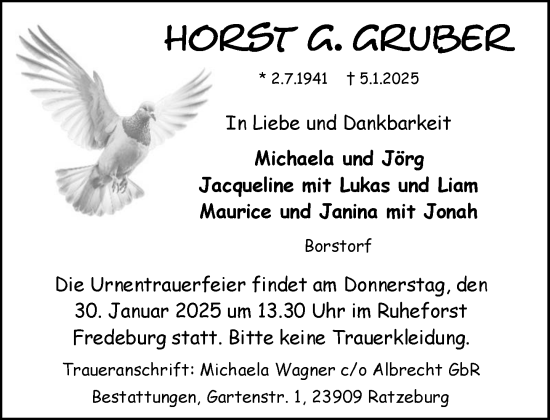 Traueranzeige von Horst Gruber von MARKT Ratzeburg/Mölln