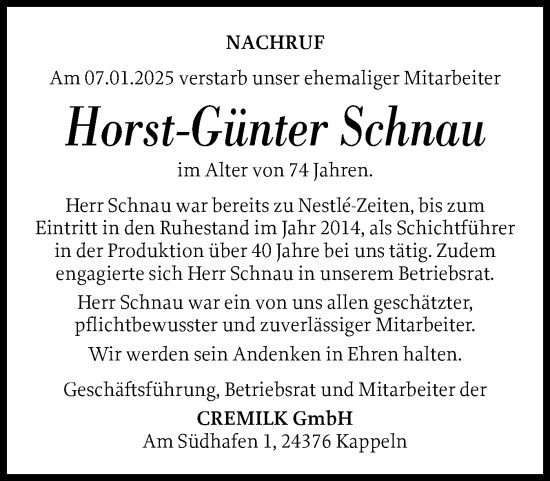 Traueranzeige von Horst-Günter Schnau von Schleswiger Nachrichten, Schlei-Bote