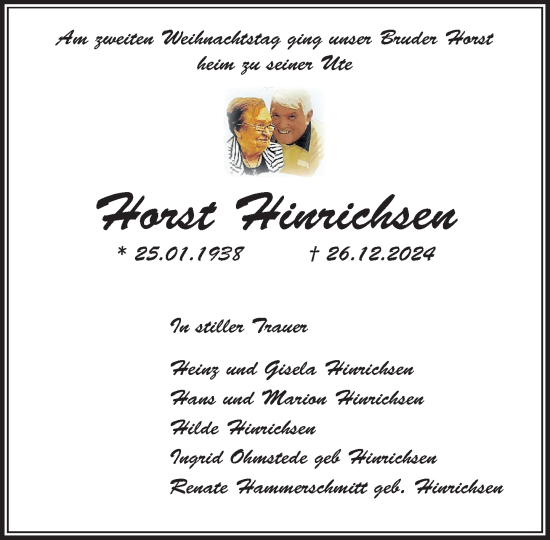 Traueranzeige von Horst Hinrichsen von MARKT Ahrensburg/Bargteheide/Trittau und Stormarner Tageblatt