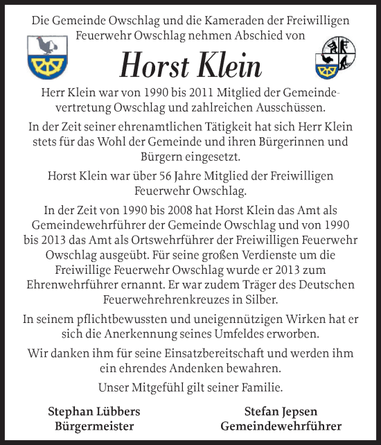 Traueranzeige von Horst Klein von Schleswig-Holsteinische Landeszeitung