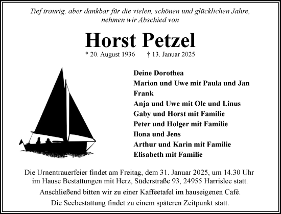 Traueranzeige von Horst Petzel von Flensburger Tageblatt