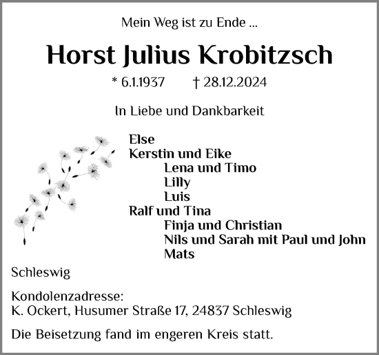 Traueranzeige von Horst Julius Krobitzsch von Schleswiger Nachrichten, Schlei-Bote