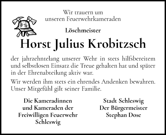 Traueranzeige von Horst Julius Krobitzsch von Schleswiger Nachrichten, Schlei-Bote