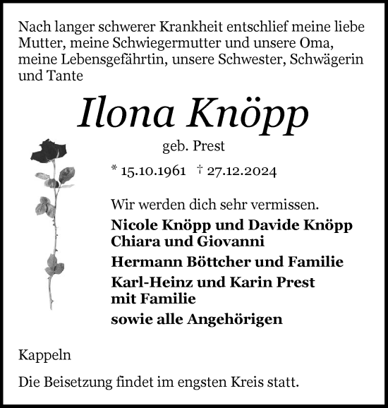 Traueranzeige von Ilona Knöpp von Schleswiger Nachrichten, Schlei-Bote