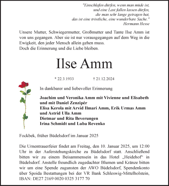 Traueranzeige von Ilse Amm von Schleswig-Holsteinische Landeszeitung