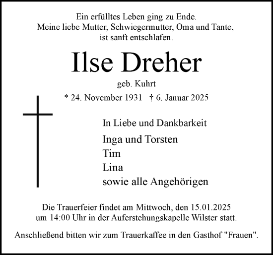 Traueranzeige von Ilse Dreher von Norddeutsche Rundschau, Wilstersche Zeitung, Glückstädter Fortuna