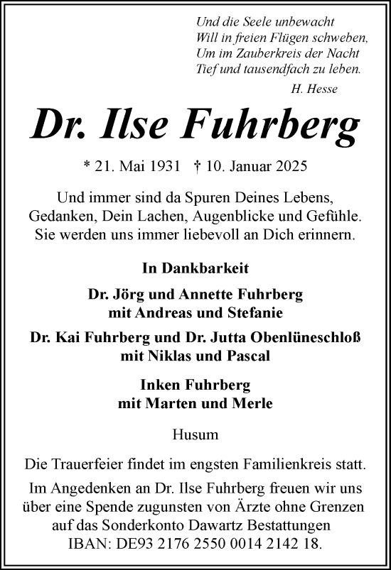 Traueranzeige von Ilse Fuhrberg von Husumer Nachrichten, Nordfriesland Tageblatt