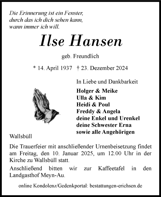 Traueranzeige von Ilse Hansen von Flensburger Tageblatt