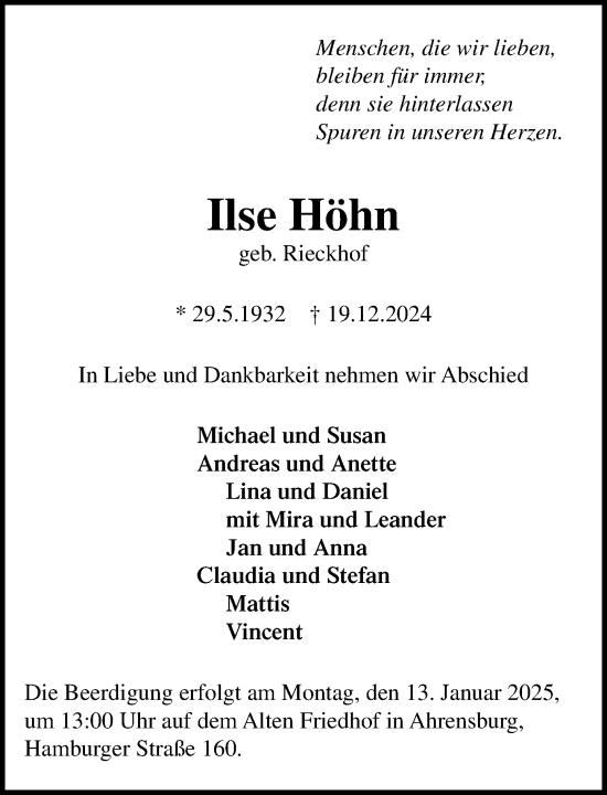 Traueranzeige von Ilse Höhn von MARKT Ahrensburg/Bargteheide/Trittau und Stormarner Tageblatt