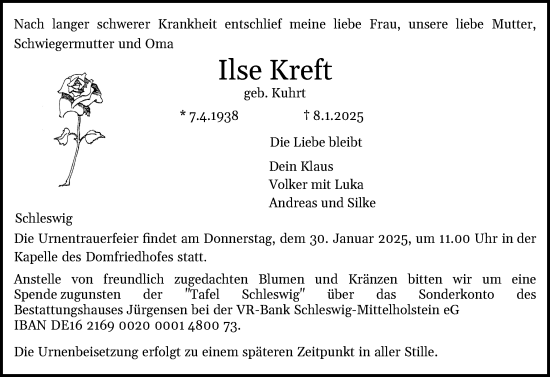 Traueranzeige von Ilse Kreft von Schleswiger Nachrichten, Schlei-Bote