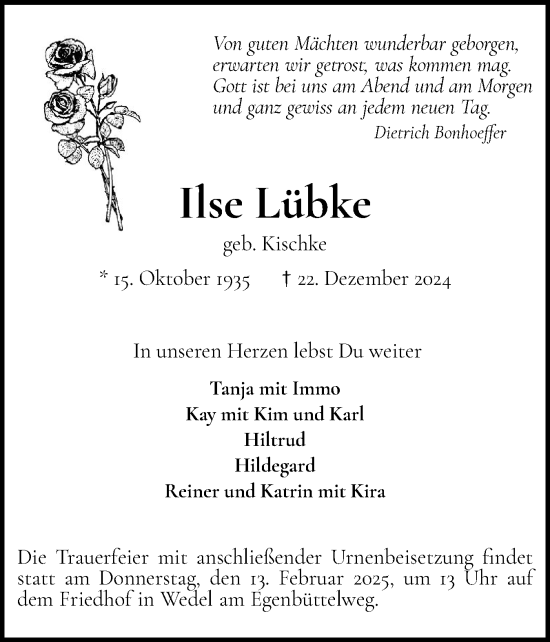 Traueranzeige von Ilse Lübke von Wedel-Schulauer Tageblatt, tip Wedel-Schulauer Tageblatt, tip Rissener Rundschau