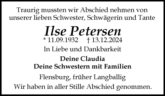 Traueranzeige von Ilse Petersen von Flensburger Tageblatt