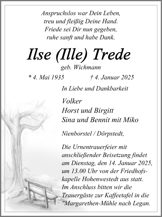 Traueranzeige von Ilse Trede von Schleswig-Holsteinische Landeszeitung