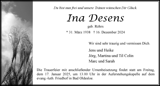 Traueranzeige von Ina Desens von MARKT Bad Oldesloe/Reinfeld und Stormarner Tageblatt