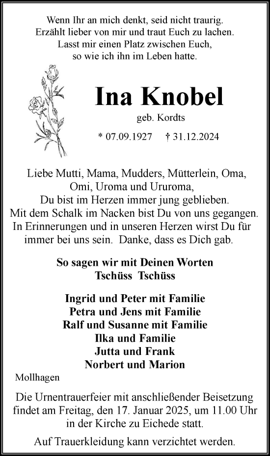 Traueranzeige von Ina Knobel von MARKT Bad Oldesloe/Reinfeld, MARKT Ahrensburg/Bargteheide/Trittau und Stormarner Tageblatt