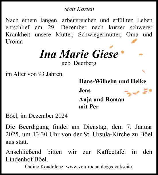 Traueranzeige von Ina Marie Giese von Flensburger Tageblatt, Schleswiger Nachrichten, Schlei-Bote