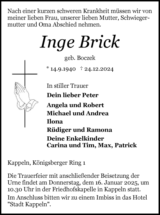Traueranzeige von Inge Brick von Schleswiger Nachrichten, Schlei-Bote