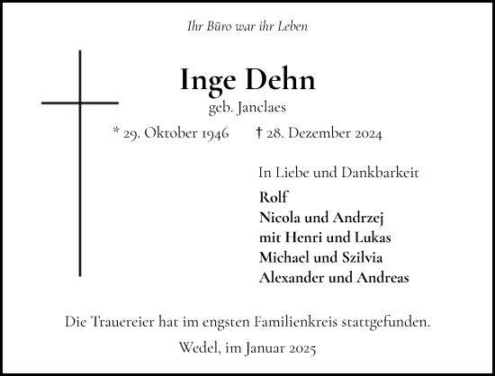 Traueranzeige von Inge Dehn von Wedel-Schulauer Tageblatt, tip Wedel-Schulauer Tageblatt, tip Rissener Rundschau