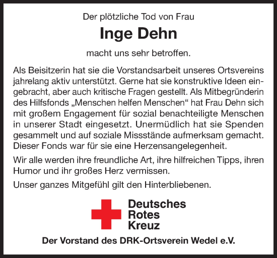 Traueranzeige von Inge Dehn von Wedel-Schulauer Tageblatt, tip Wedel-Schulauer Tageblatt, tip Rissener Rundschau