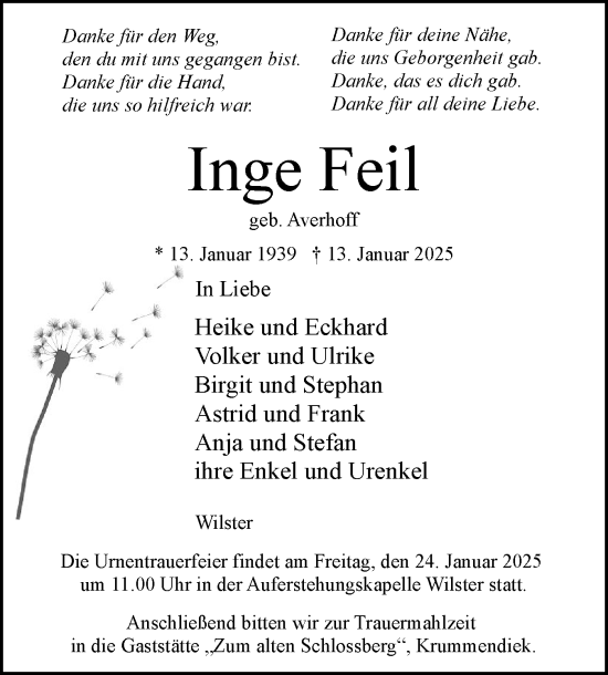 Traueranzeige von Inge Feil von Norddeutsche Rundschau, Wilstersche Zeitung, Glückstädter Fortuna