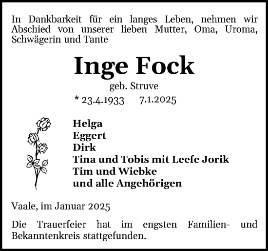 Traueranzeige von Inge Fock von Norddeutsche Rundschau, Wilstersche Zeitung, Glückstädter Fortuna
