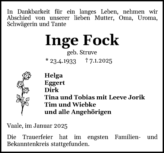 Traueranzeige von Inge Fock von Norddeutsche Rundschau, Wilstersche Zeitung, Glückstädter Fortuna