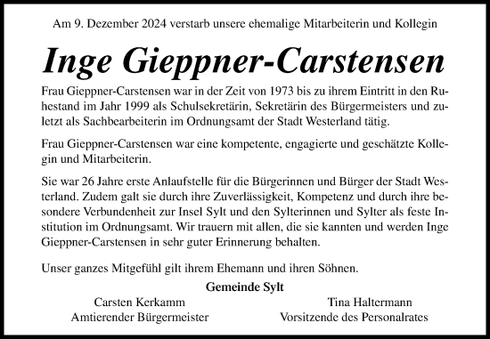 Traueranzeige von Inge Gieppner-Carstensen von Sylter Rundschau