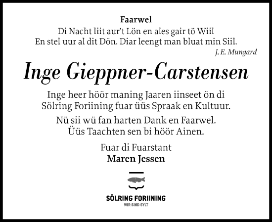 Traueranzeige von Inge Gieppner-Carstensen von Sylter Rundschau