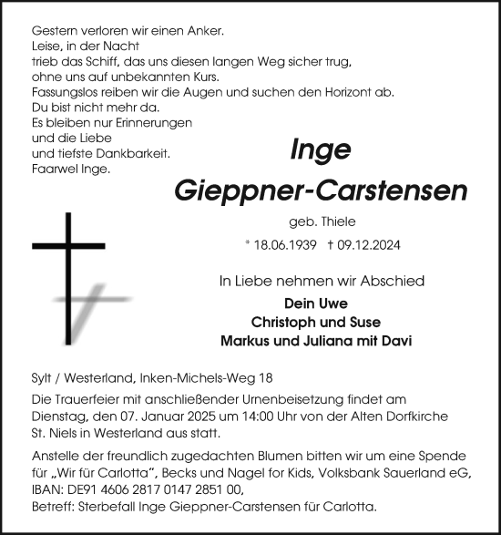Traueranzeige von Inge Gieppner-Carstensen von Sylter Rundschau
